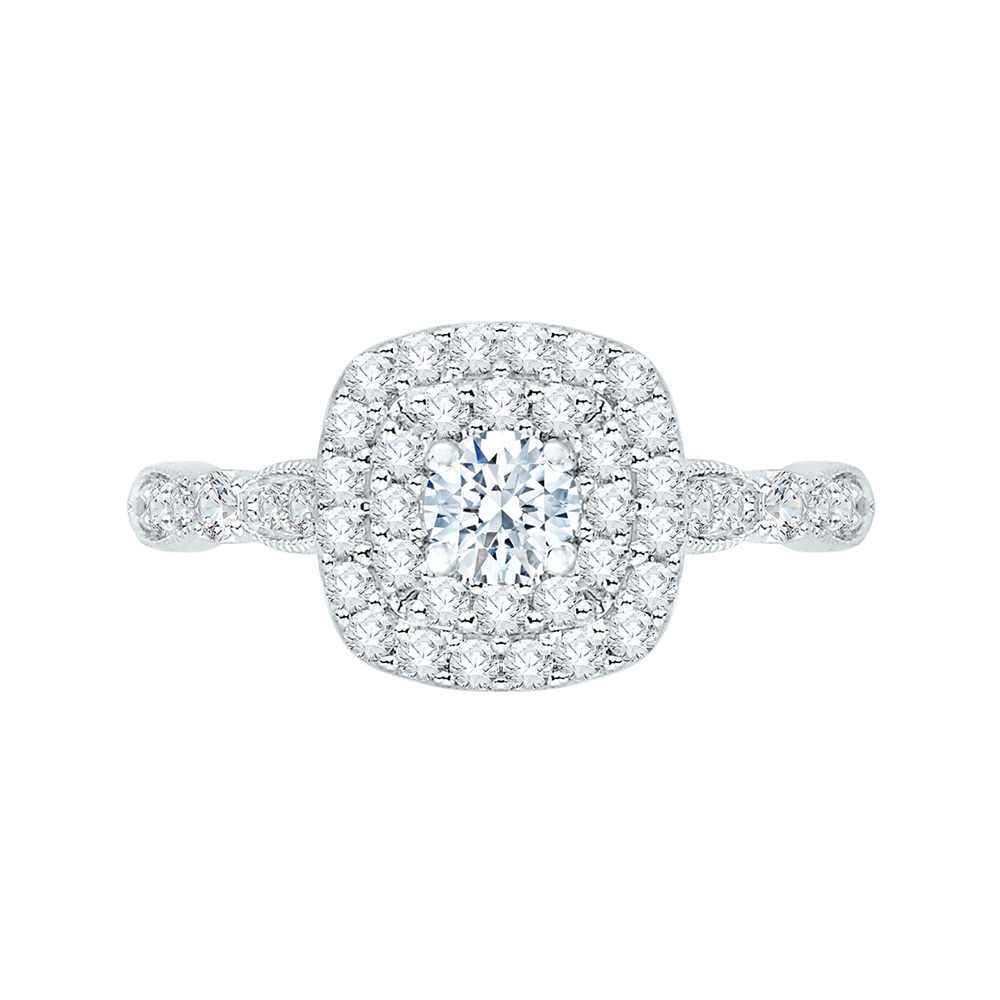 14K White Gold Double Halo Accented Round Diamond Semi-Mount Ring .70CTW.