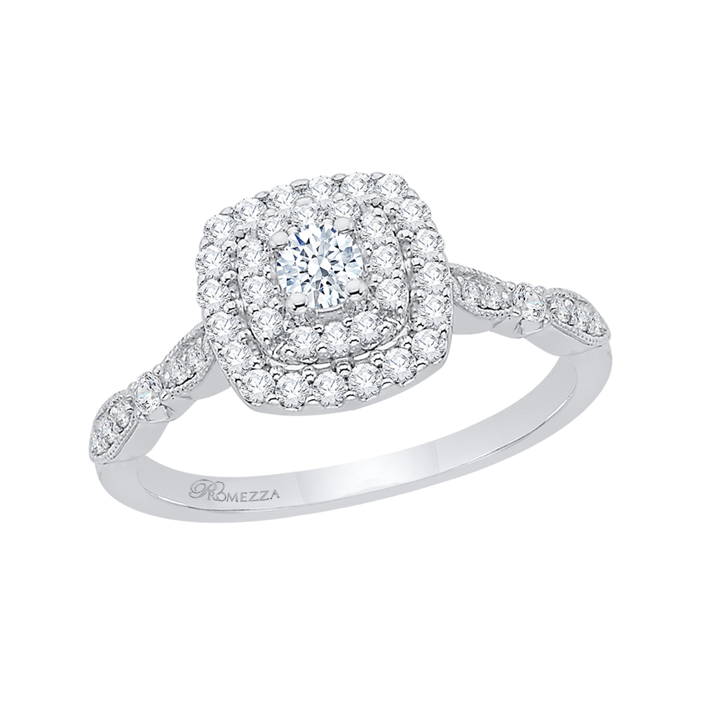 14K White Gold Double Halo Accented Round Diamond Semi-Mount Ring .70CTW.