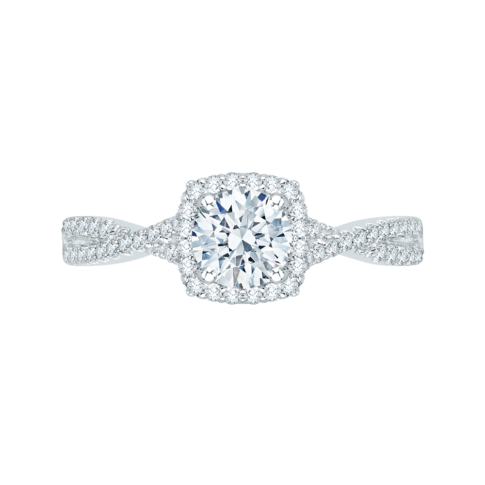 14K White Gold Halo Twist Round Diamond Semi-Mount Ring .81CTW.