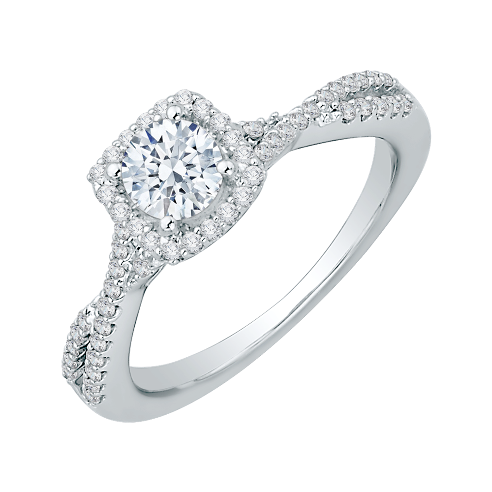 14K White Gold Halo Twist Round Diamond Semi-Mount Ring .81CTW.