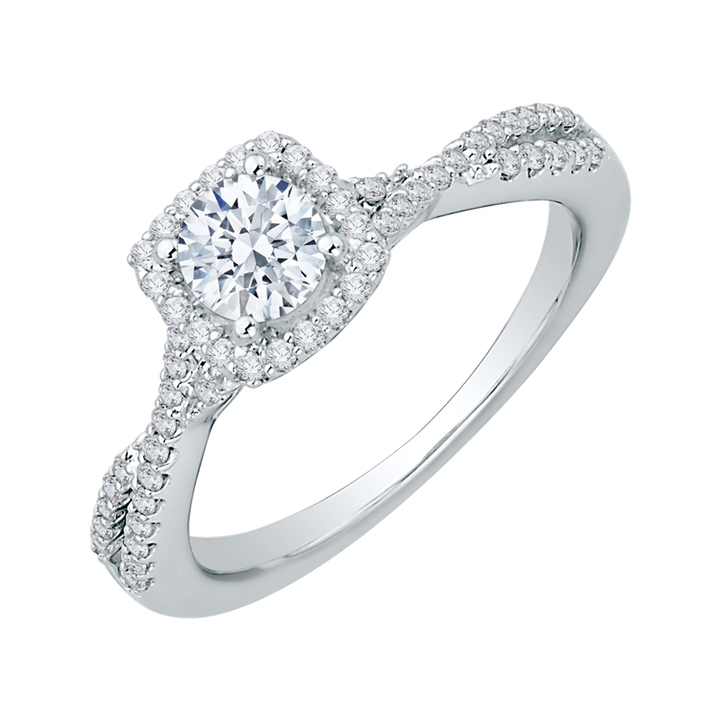 14K White Gold Halo Twist Round Diamond Semi-Mount Ring .81CTW.