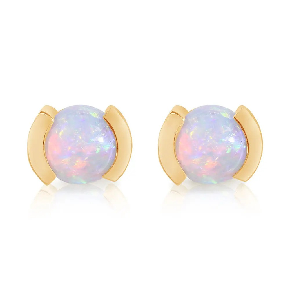 14K Yellow Gold Natural Opal Half Bezel Stud Earrings