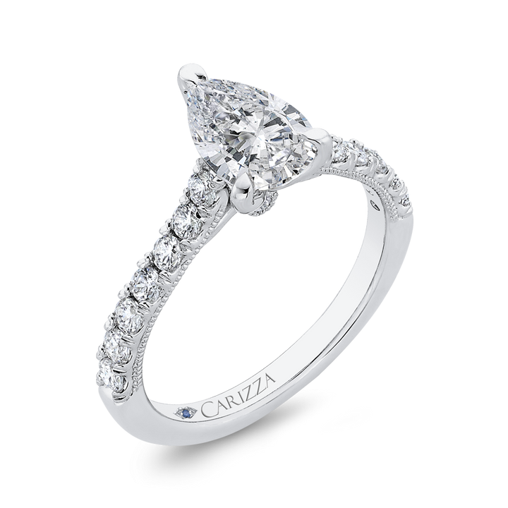 14K White Gold Straight Accented Pear Diamond Semi-Mount Ring .50CTW.