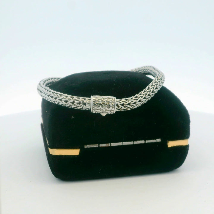 Sterling Silver Black Diamond Hear Charm Wheat Bracelet