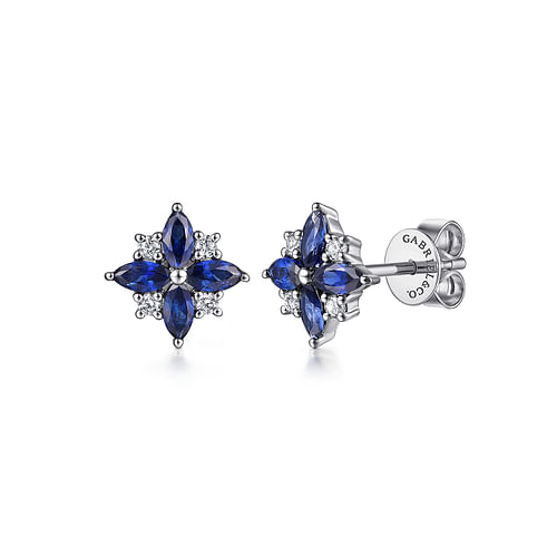 14K White Gold Natural Sapphire and .13 Diamond Fashion Stud Earrings