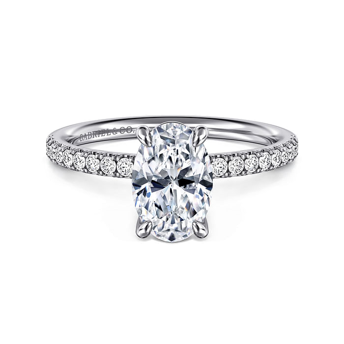 14K White Gold Straight Accented Oval Diamond Semi-Mount Ring 0.20CTW.