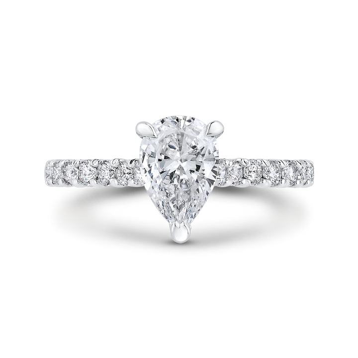 14K White Gold Straight Accented Pear Diamond Semi-Mount Ring .50CTW.