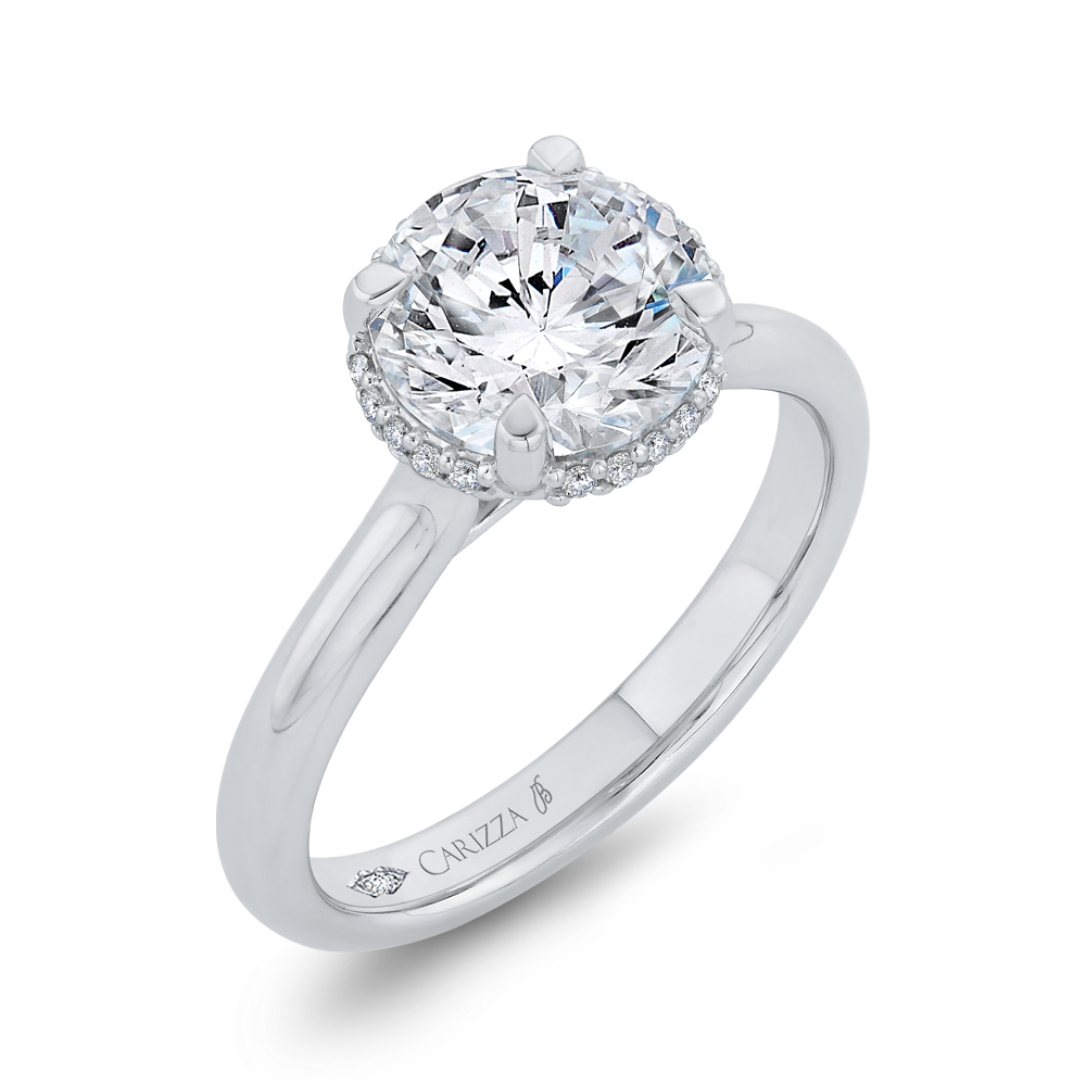 14K White Gold Solitaire Hidden Halo Round Diamond Semi-Mount Ring .14CTW.