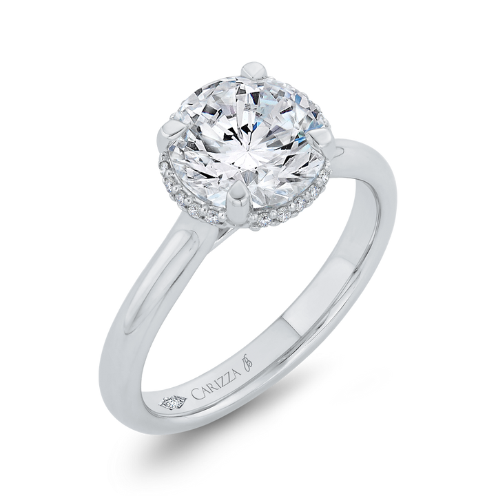 14K White Gold Solitaire Hidden Halo Round Diamond Semi-Mount Ring .14CTW.