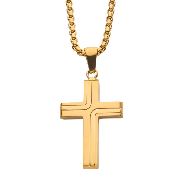 18K Gold IP Cross Drop Pendant with Round Box Chain