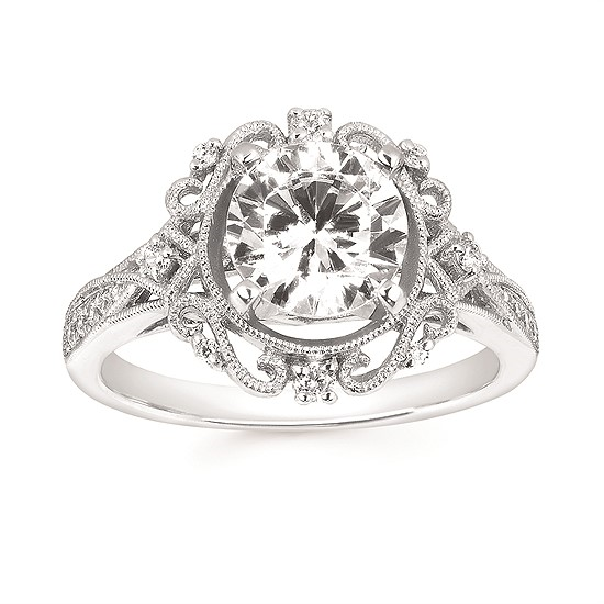 14K White Gold Vintage Accented Round Diamond Semi-Mount Ring 0.16CTW.